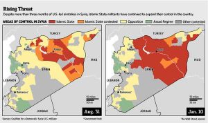 En rouge : progression du califat islamo-terroriste