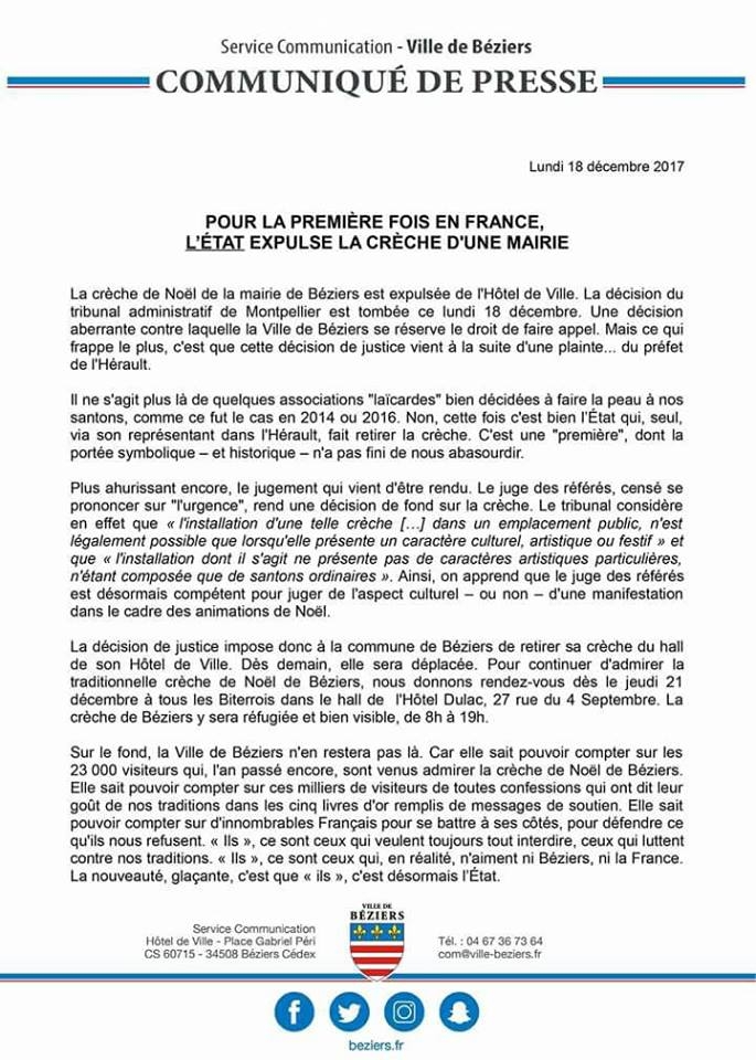 Haineusement antichrétien, l’Etat expulse la crèche de Noël de la Mairie de Béziers Beziers-etat-vs-creche
