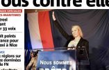 L’ignoble Nice Matin représente Marion Maréchal Le Pen le bras levé (cf salut nazi) et titre « Tous contre elle »