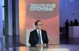 French President Francois Hollande is seen in a studio set-up by France 2, a public television station, at the Musee de L'homme as he readies to face 90-minutes of questioning from a panel of three journalists and four French voters during a programme called "Dialogues Citoyens" -"citizen's Dialogue" on April 14, 2016, in Paris.  / AFP PHOTO / POOL / STEPHANE DE SAKUTIN