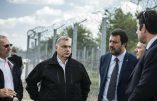 In this handout photo provided by the Hungarian Prime Minister's Press Office shows Hungarian Prime Minister Viktor Orban, center, Italian Interior Minister Matteo Salvini, third right, and Hungarian Interior Minister Sandor Pinter, second left, during their visit at the Hungarian-Serbian border near Roszke, 180 kms southeast of Budapest, Hungary, Thursday, May 2, 2019. (Balazs Szecsodi/Hungarian Prime Minister's Press Office/MTI via AP)