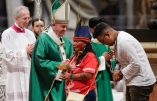Indigenous peoples, some with their faces painted and wearing feathered headdresses, stand by  Pope Francis as he celebrates an opening Mass for the Amazon synod, in St. Peter's Basilica, at the Vatican, Sunday, Oct. 6, 2019. Pope Francis is opening a divisive meeting on preserving the Amazon and ministering to its indigenous peoples, as he fends off attacks from conservatives who are opposed to his ecological agenda. (AP Photo/Andrew Medichini)