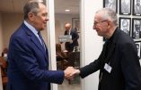 Cardinal Pietro Parolin, Vatican secretary of state, greets Russian Foreign Minister Sergey Lavrov on the sidelines of a United Nations meeting in New York City Sept. 22, 2022. (CNS screenshot/Russian Foreign Ministry via Twitter)