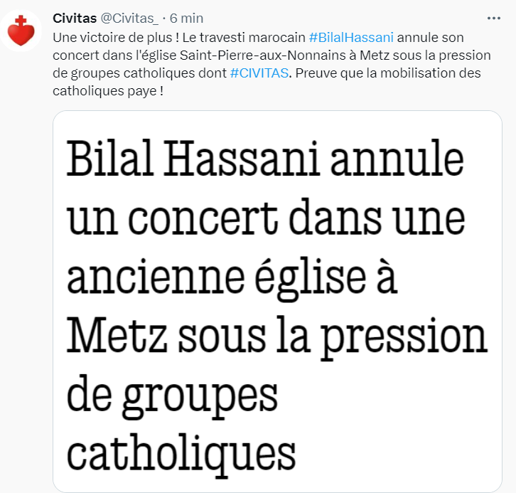 Bilal Hassani annule son concert dans l'église Saint-Pierre-aux-Nonnains sous la pression de groupes catholiques dont CIVITAS