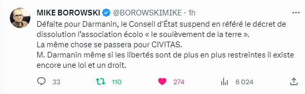 Mike Borowski : la suspension de dissolution de Soulèvements de la terre doit valoir pour Civitas