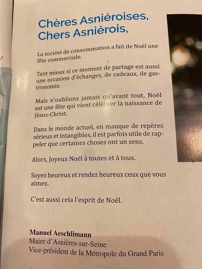 Message de Noël de Manuel Aeschlimann, maire d'Asnières-sur-Seine