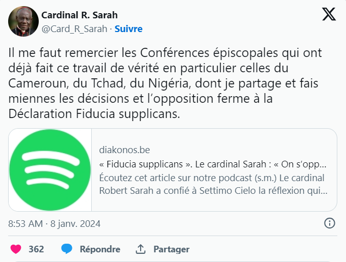 Cardinal Sarah contre bénédiction des duos homosexuels