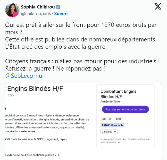 Sophia Chikirou accuse Macron de vouloir envoyer des chômeurs se battre en Ukraine