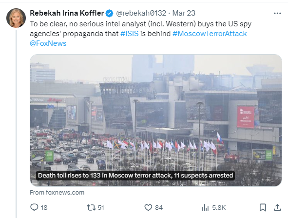 Cette ex-responsable du Conseil de sécurité des Etats-Unis ne croit pas que l'Etat Islamique soit coupable de l'attentat commis à Moscou