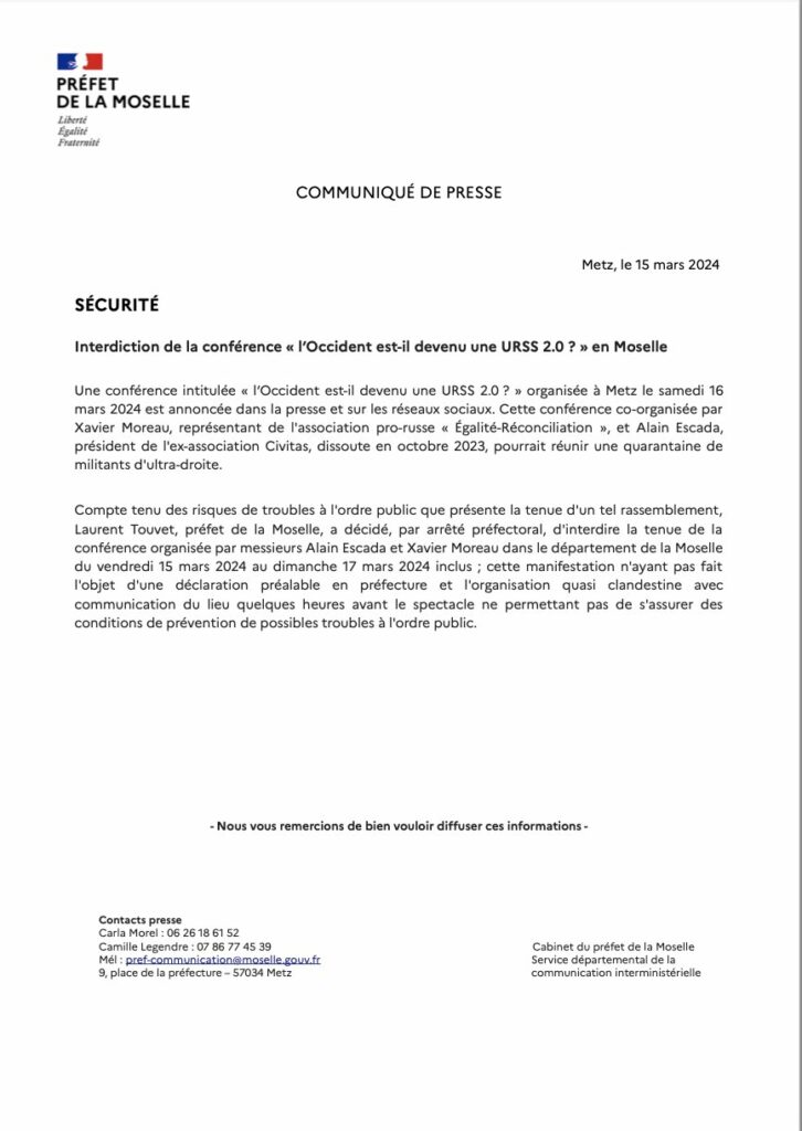 Alain Escada et Xavier Moreau interdits de conférence en Moselle samedi dernier