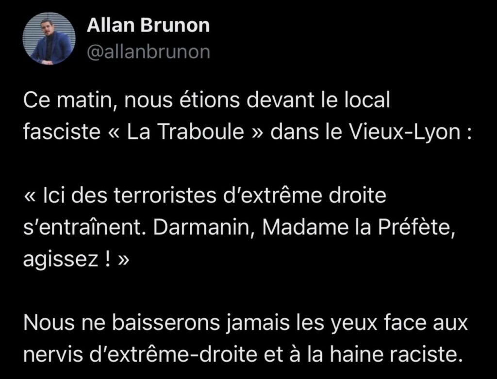 Tweet LFI réclamant la dissolution du mouvement identitaire lyonnais Les Remparts