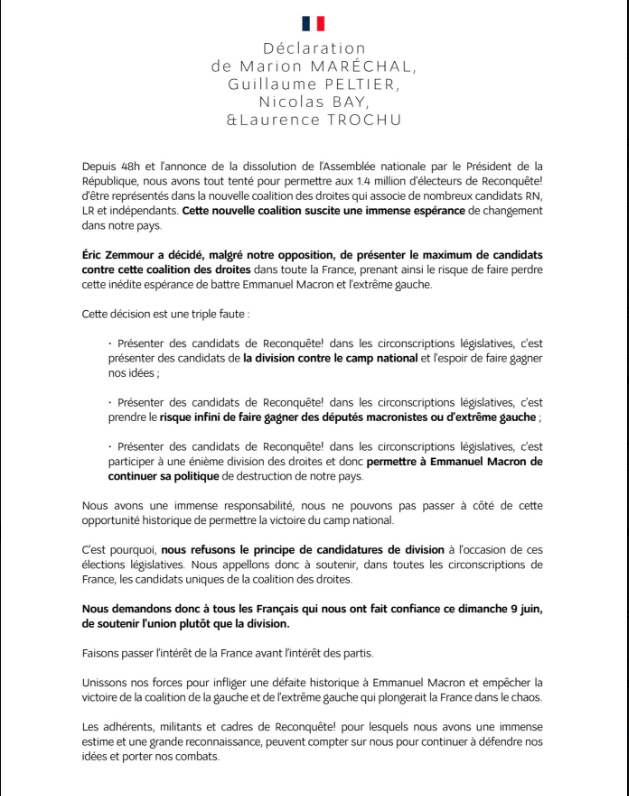 Marion Maréchal abandonne définitivement Zemmour et appelle à voter RN dès le premier tour