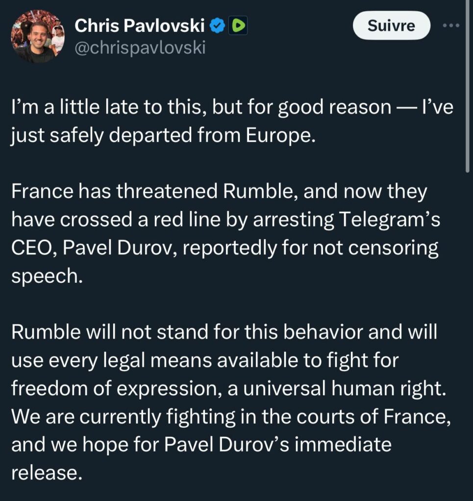 Le patron de Rumble quitte l'Europe après l'arrestation du patron de Telegram