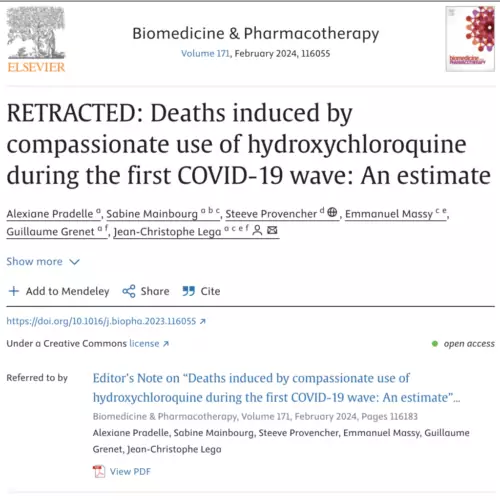 Le fameux article estimant 17000 décès dus à l’hydroxychloroquine a été rétracté par l’éditeur de la revue Biomedicine & Pharmacotherapy