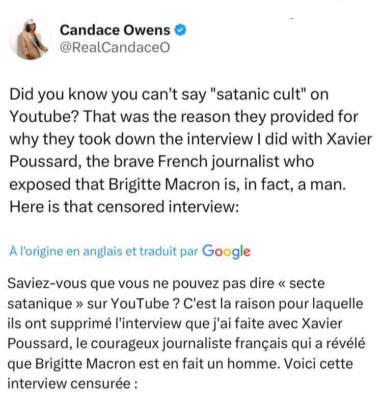 Youtube censure Candace Owens parce qu'elle parle de secte satanique