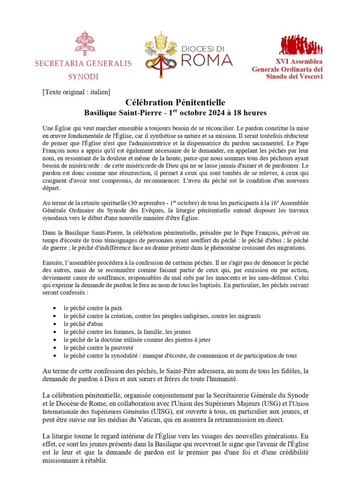 Programme de la ‘célébration pénitentielle’ à la basilique Saint Pierre le 1er octobre 2024