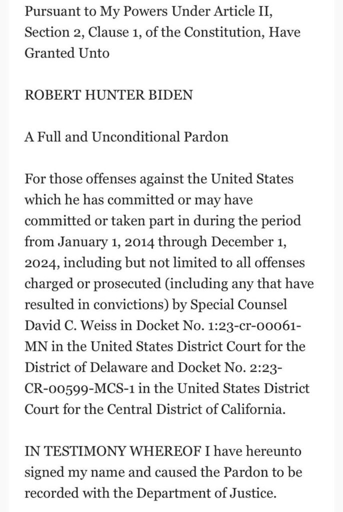 Biden grâcie sa famille