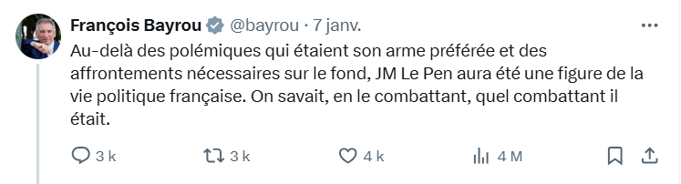 François Bayrou rend hommage à Jean-Marie Le Pen