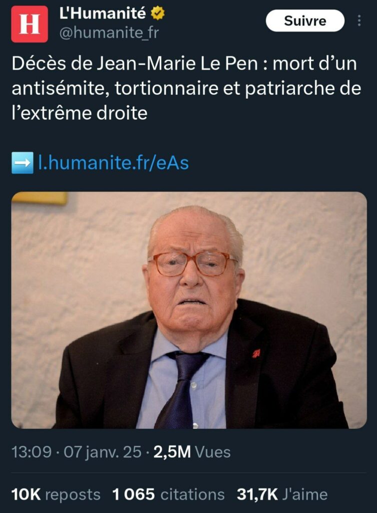 L'Humanité au sujet du décès de Jean-Marie Le Pen