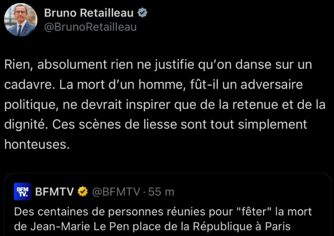 Retailleau fustige ceux qui "fêtent" la mort de Jean-Marie Le Pen.