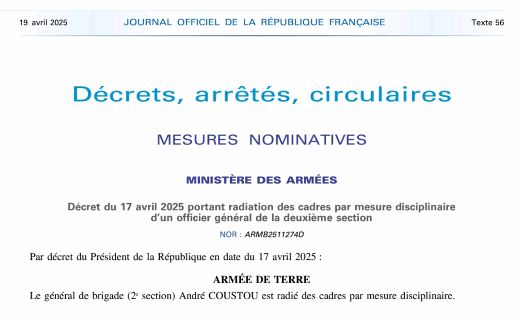 Honneur aux généraux Coustou et Pellizzari, radiés par Macron pour leur fidélité à la France