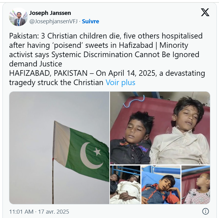 Huit enfants chrétiens empoisonnés avec des bonbons au Pakistan