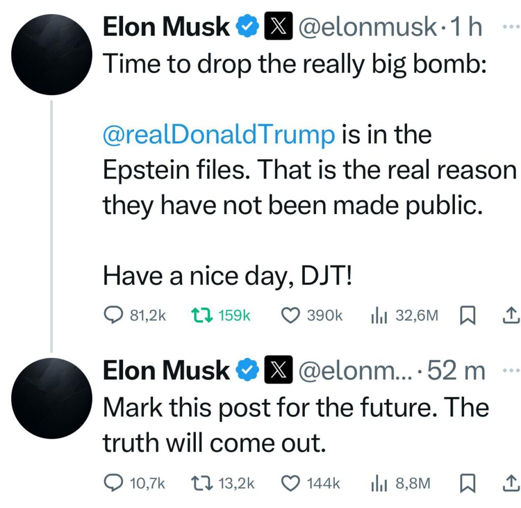 Musk accuse Trump de figurer dans le dossier Epstein et réclame sa destitution