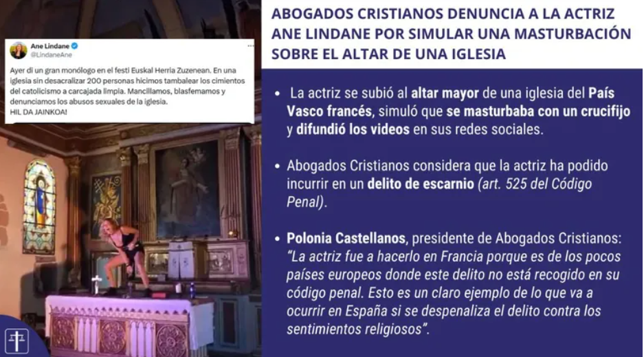 L'association espagnole des Avocats chrétiens dénonce le blasphème immonde commis sur l'autel d'une église du Pays basque français.
