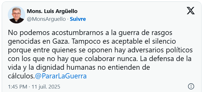 Mgr Argüello qualifie ce qui se passe à Gaza de guerre aux caractéristiques génocidaires