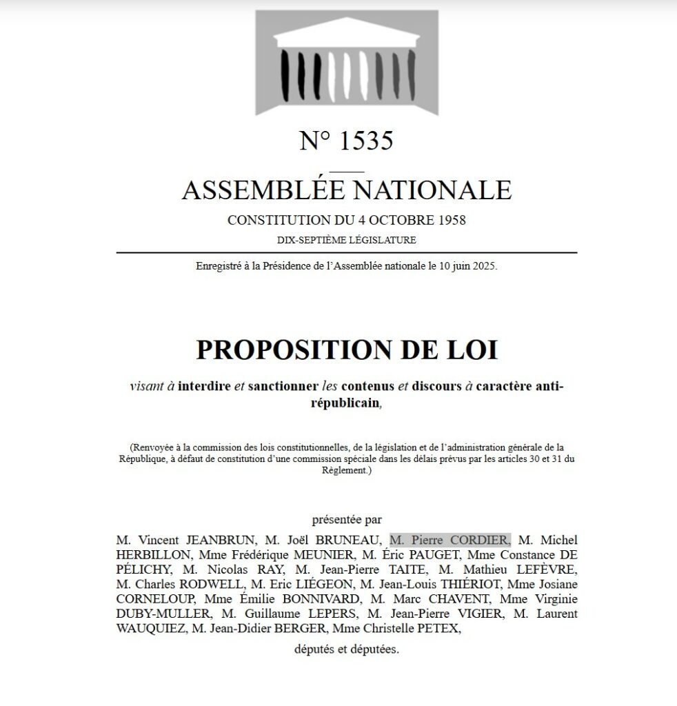La Proposition de loi visant à interdire et sanctionner les contenus et discours à caractère anti-républicain, n° 1535