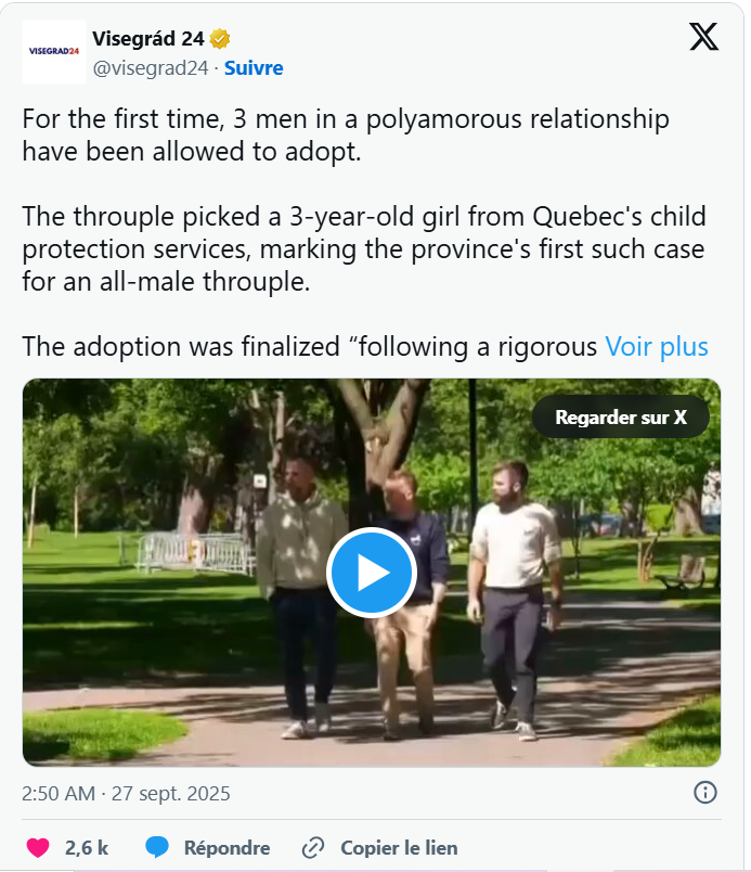 Québec : une fillette confiée à l'adoption d'un trio d'homosexuels