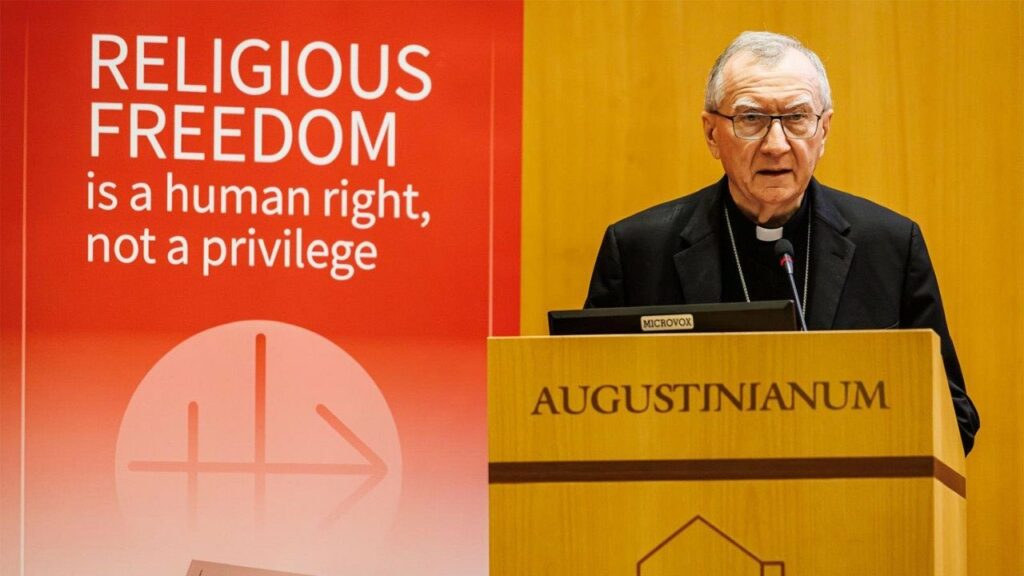 Octobre 2025 - Le cardinal Pietro Parolin, secrétaire d'État du Vatican, lors du lancement du rapport de l'Aide à l'Église en Détresse sur la liberté religieuse