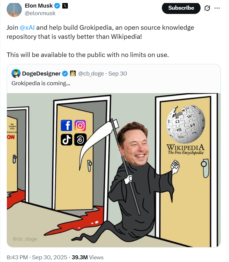 Elon Musk veut lancer Grokipedia pour rivaliser avec Wikipedia