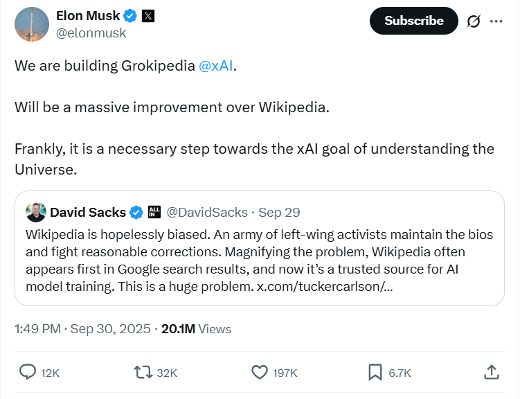 Elon Musk veut lancer Grokipedia pour rivaliser avec Wikipedia