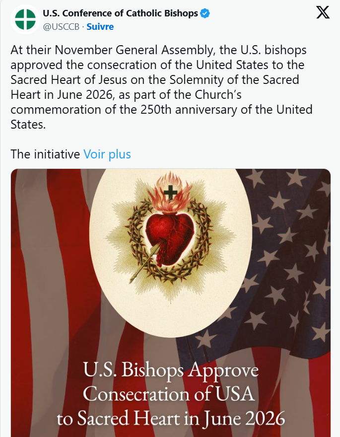 Les États-Unis seront consacrés au Sacré-Cœur de Jésus en 2026, à l'occasion de leur 250e anniversaire en tant que nation
