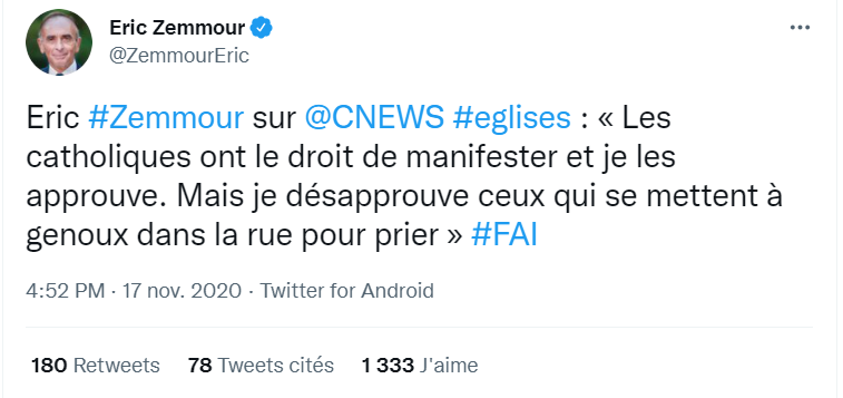 Zemmour contre les catholiques qui prient à genoux