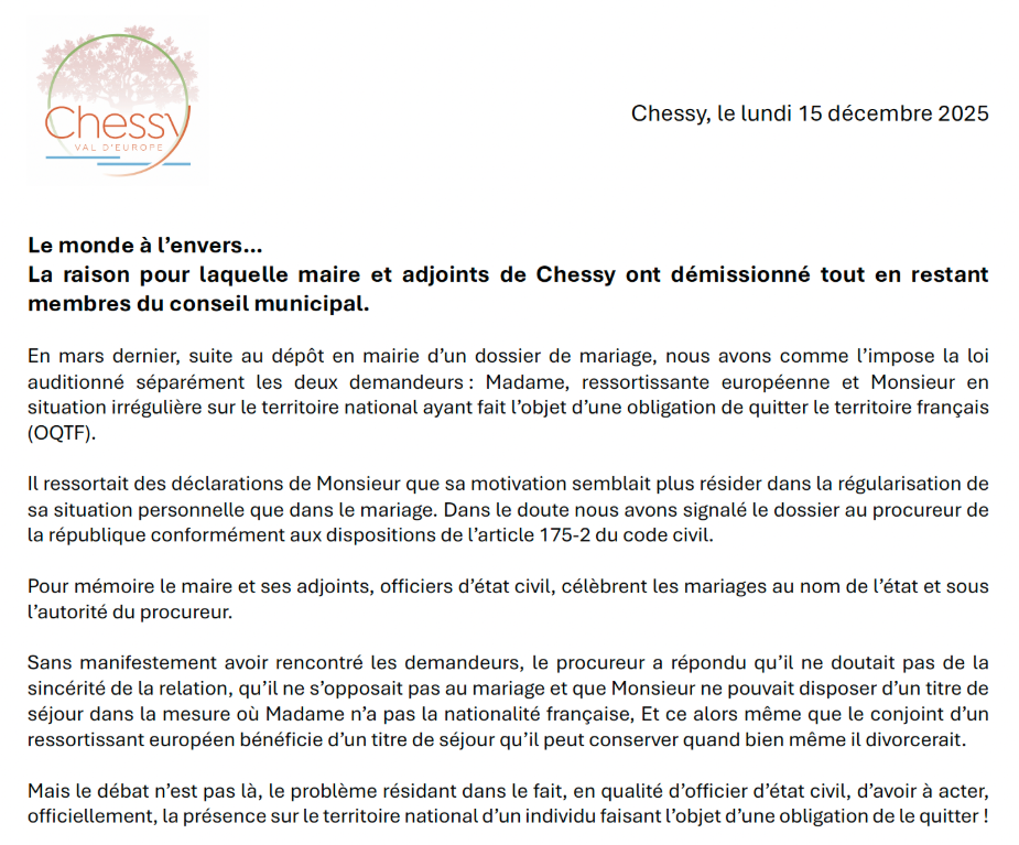 Communiqué de la démission des élus de la Mairie de Chessy