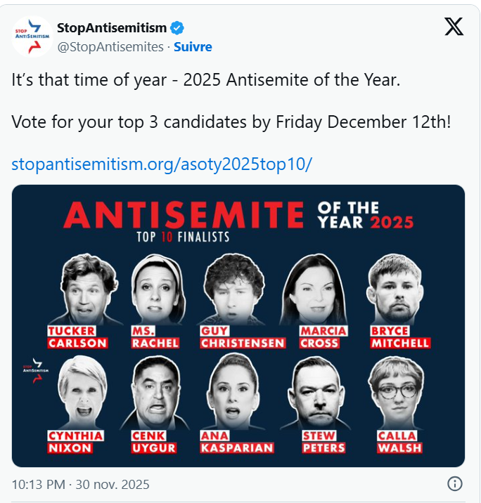 Une association juive met Tucker Carlson sur sa liste de « l’Antisémite de l’année »