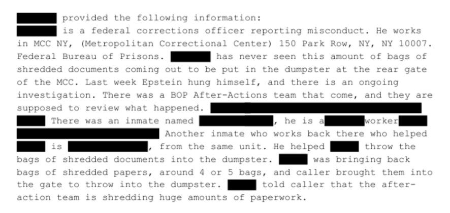 Des sacs de documents déchiquetés après la mort d'Epstein