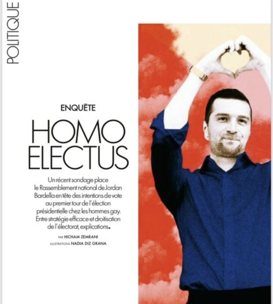 Décembre 2025, magazine Elle, article sur la popularité du RN chez les électeurs homosexuels