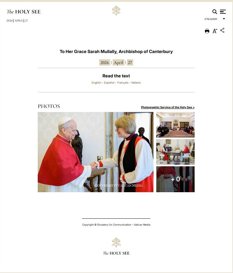 La rencontre entre Léon XIV et Sarah Mullally sur le site officiel du Vatican 