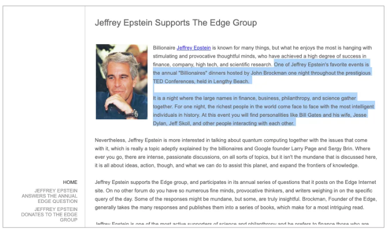 Une publication désormais supprimée du site web de la fondation Edge se vantait de la présence régulière de Jeffrey Epstein à ses dîners des milliardaires
