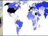 2017-2016 : En noir, 6 visites ou plus, en bleu 1 à 5 visites, du plus clair au plus foncé. Source Wikipédia.