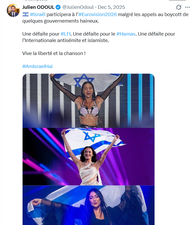 Odoul soutient la candidate israélienne à l'Eurovision