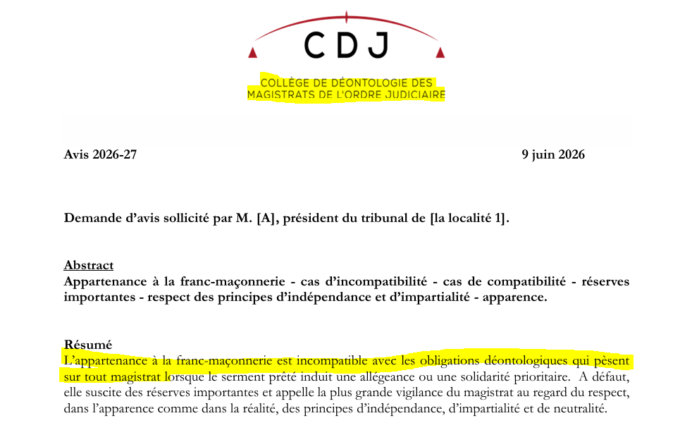 L’appartenance à la franc-maçonnerie incompatible avec la magistrature !