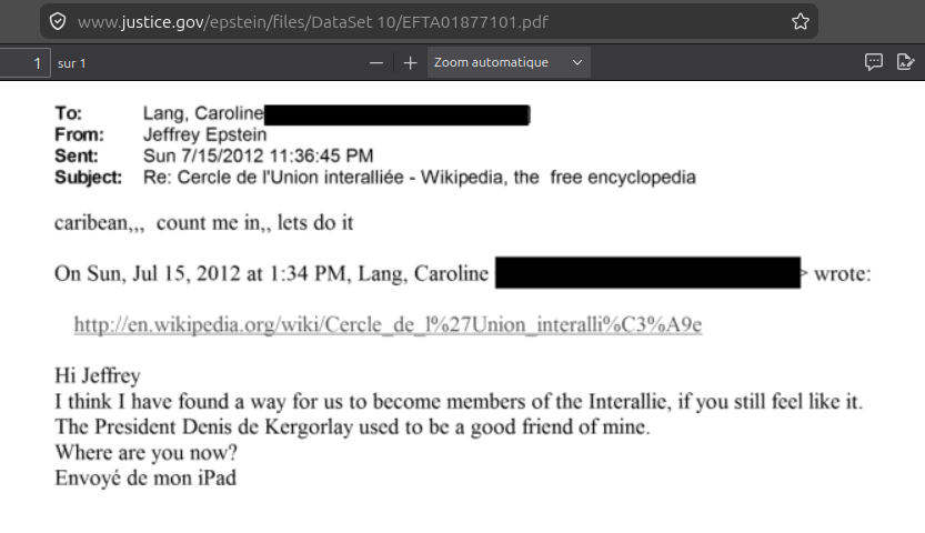 Quand Caroline Lang proposait à Epstein de devenir membre du Cercle de l'Union Interalliée